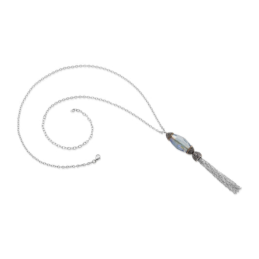 ELYA Women's Faceted Blue Crystal Stainless Steel Tassel Pendant Necklace