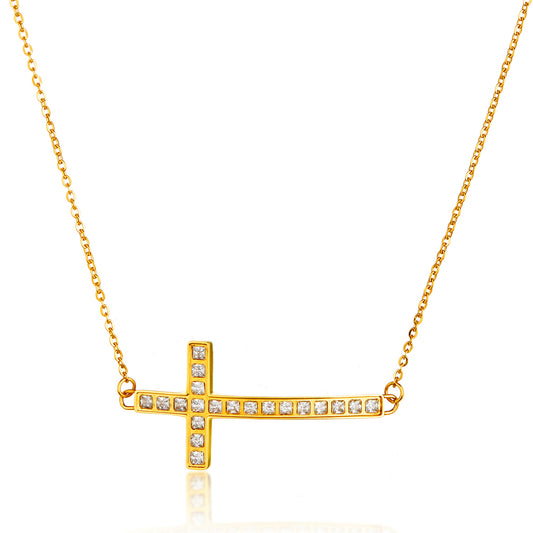 ELYA Women's Gold Plated Crystal Sideways Cross Stainless Steel Cable Chain Pendant Necklace
