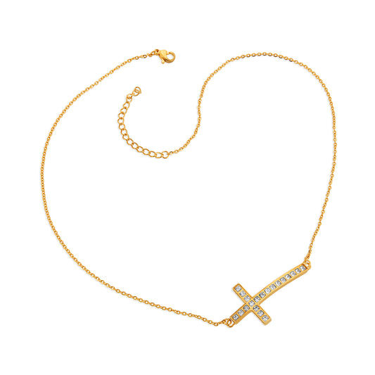 ELYA Women's Gold Plated Crystal Sideways Cross Stainless Steel Cable Chain Pendant Necklace
