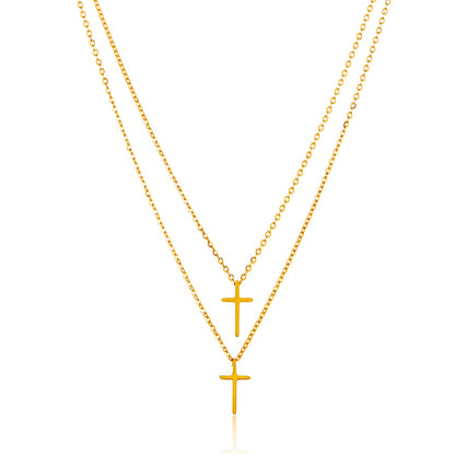 ELYA Women's High Polished Cross Dual Layered Stainless Steel Cable Chain Pendant Necklace