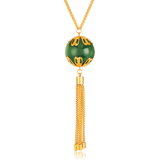 ELYA Women's Gold Plated Faux Jade Tassel Stainless Steel Pendant Necklace
