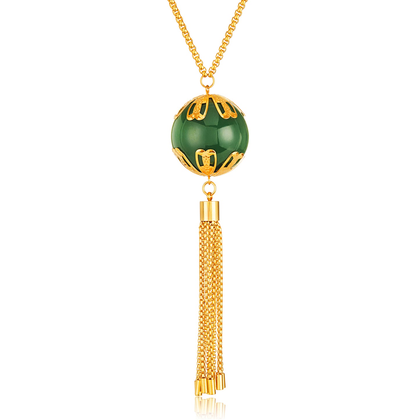 ELYA Women's Gold Plated Faux Jade Tassel Stainless Steel Pendant Necklace