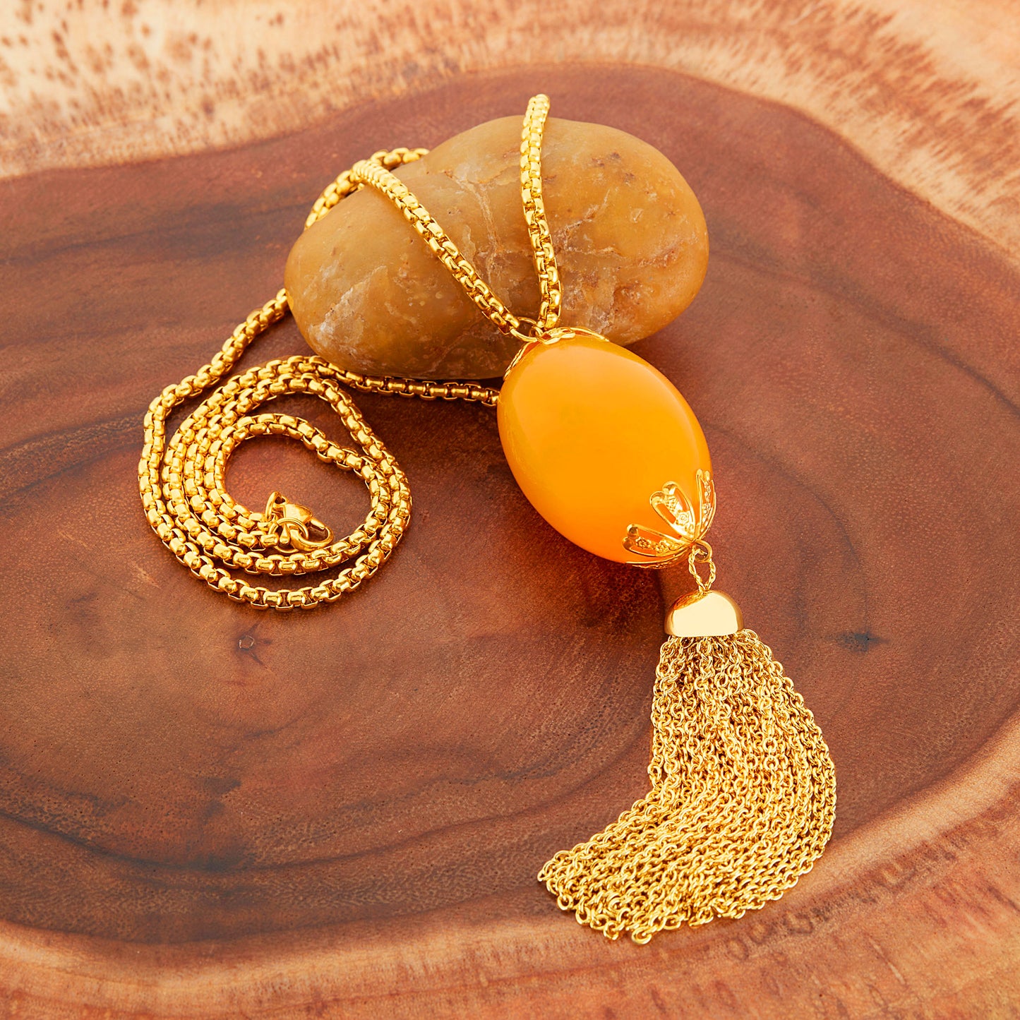 ELYA Women's Gold Plated Faux Orange Calcite Tassel Stainless Steel Pendant Necklace