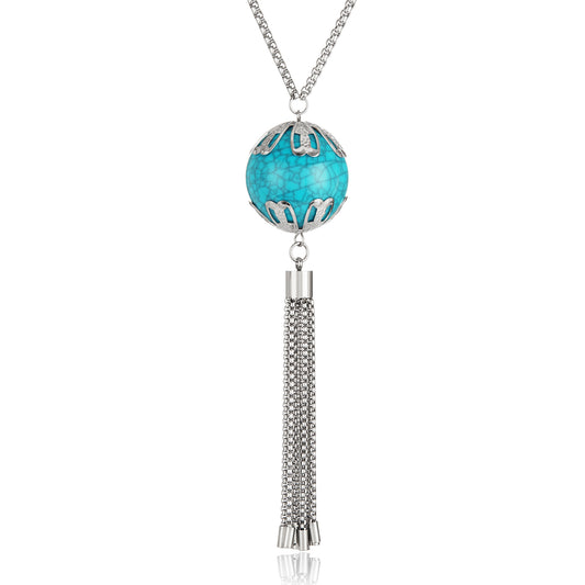 ELYA Women's High Polished Faux Turquoise Tassel Stainless Steel Pendant Necklace