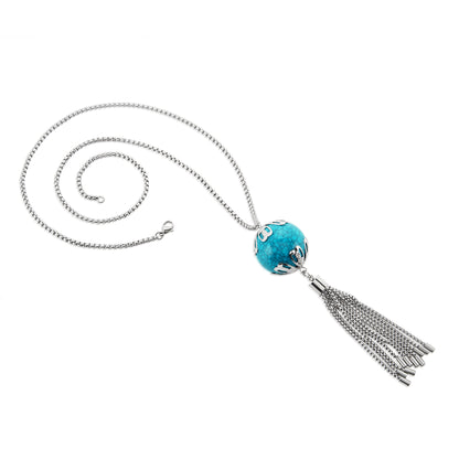 ELYA Women's High Polished Faux Turquoise Tassel Stainless Steel Pendant Necklace