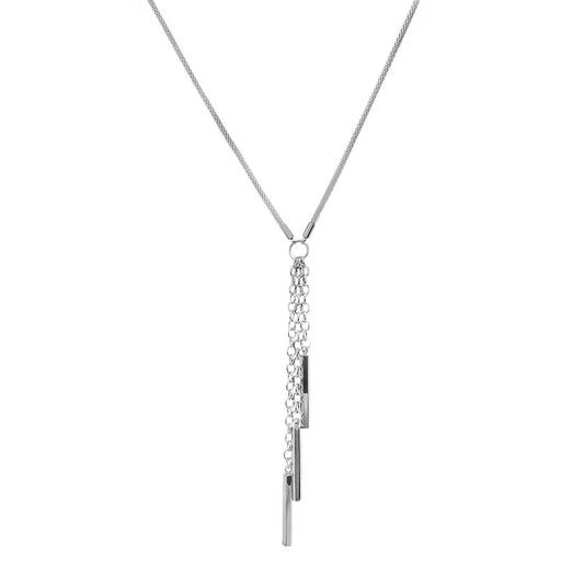 Women's Stainless Steel Lariat Necklace with Bar and Tassel Drop