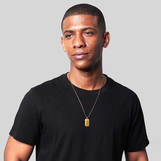 Men's Small Beveled Edge Antiqued Gold Dog Tag Necklace