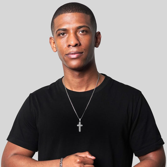 Men's Polished Black Inlay Cross Stainless Steel Necklace