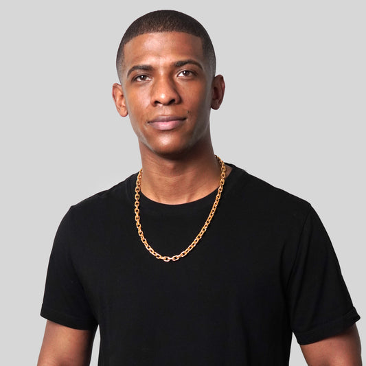 Men's Beveled Edge Rectangular Link Gold Chain Necklace