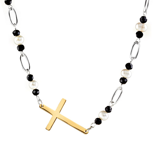 ELYA Polished Sideways Cross Freshwater Pearls and Agate Stainless Steel Necklace (21 mm) - 33"