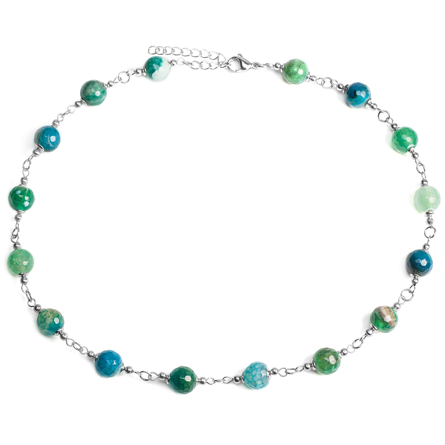 ELYA Natural Mixed Green and Blue Agate Beaded Strand Stainless Steel Necklace (10 mm) - 17"
