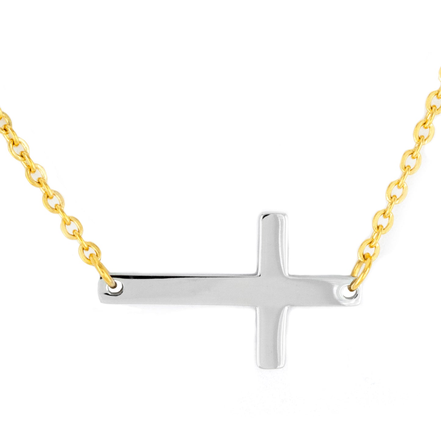 ELYA Polished Sideways Cross Gold Plated Two-Tone Stainless Steel Necklace (2 mm) - 18"
