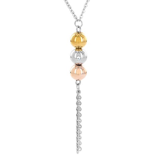 ELYA Polished Sphere with Cubic Zirconia Tassel Stainless Steel Necklace (1 mm) - 18"