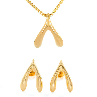 ELYA Polished Wishbone Earrings and Gold Plated Stainless Steel Necklace Set (1 mm) - 20"
