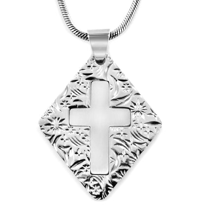 Satin Finish Laser-Cut Cross Diamond Shaped Pendant Stainless Steel Necklace - 24"