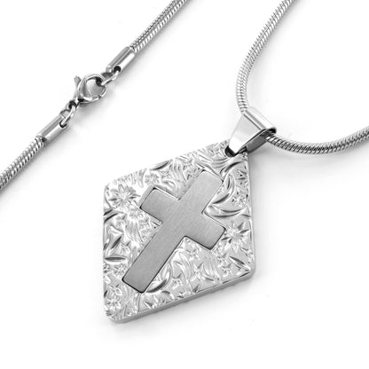 Satin Finish Laser-Cut Cross Diamond Shaped Pendant Stainless Steel Necklace - 24"