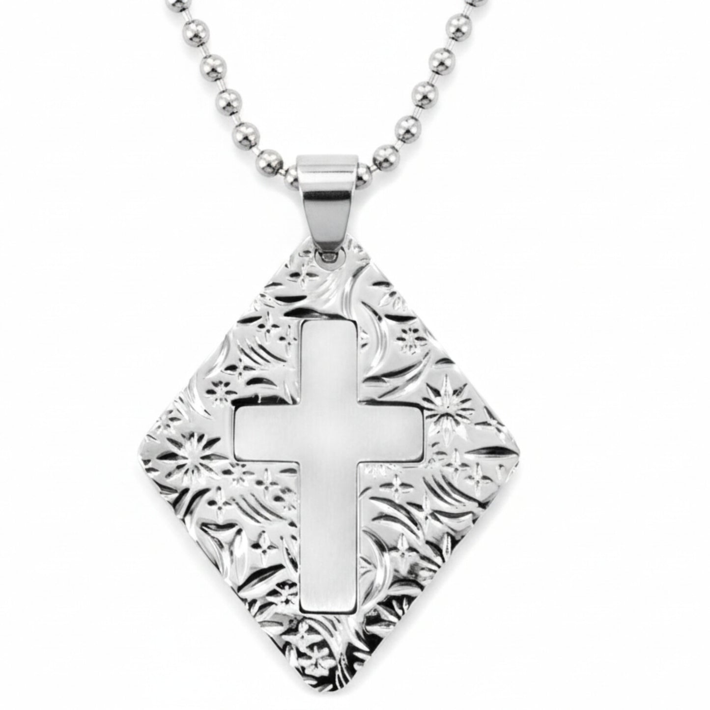 Women's Cross Diamond-Shaped Stainless Steel Necklace - 24"