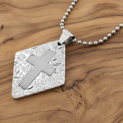 Women's Cross Diamond-Shaped Stainless Steel Necklace - 24"
