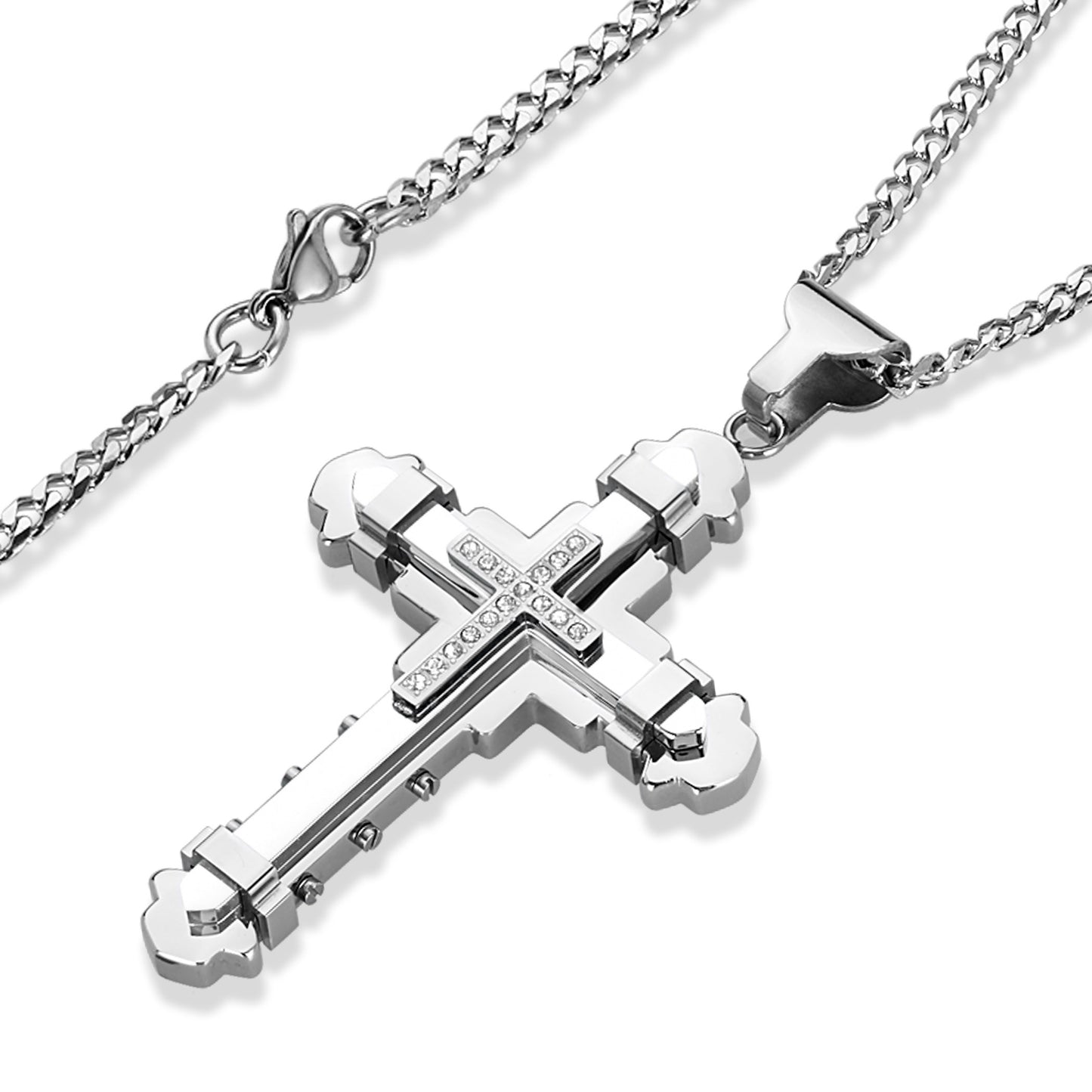 Men's Stainless Steel Cubic Zirconia Multi-Layer Cross Pendant Necklace
