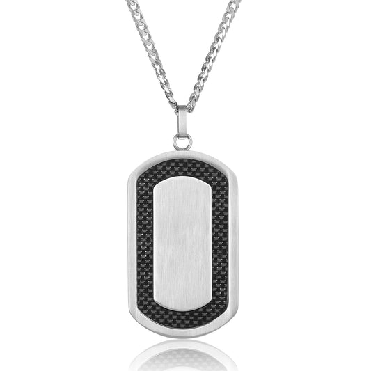 Men's Stainless Steel Brushed Black Carbon Fiber Frame Pendant Necklace - 24"