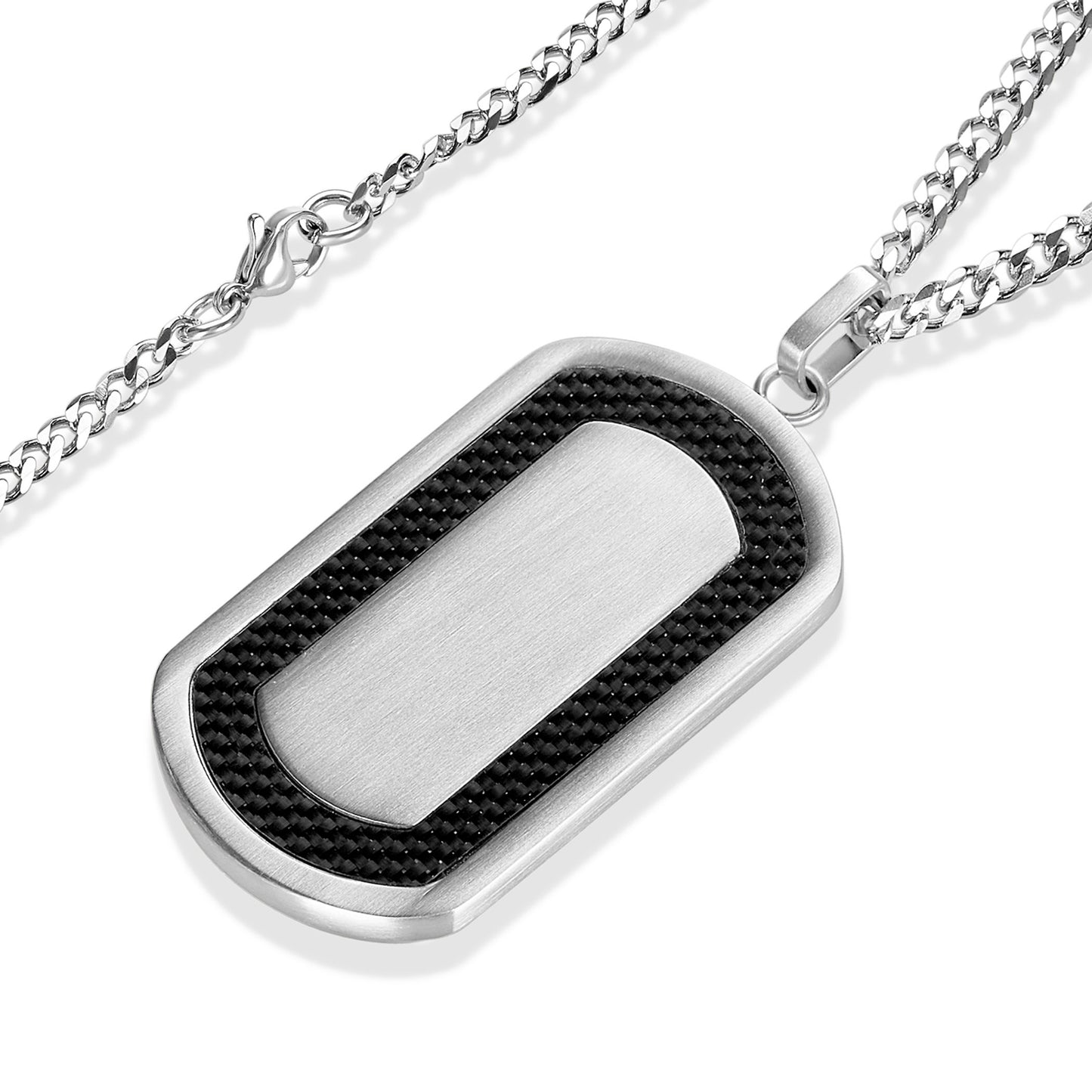 Men's Stainless Steel Brushed Black Carbon Fiber Frame Pendant Necklace - 24"