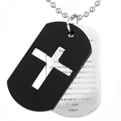 Men's Stainless Steel Cross and 'Lord's Prayer' Double Dog Tag Pendant Necklace