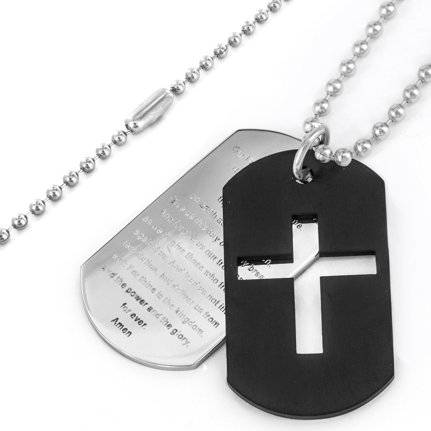Men's Stainless Steel Cross and 'Lord's Prayer' Double Dog Tag Pendant Necklace