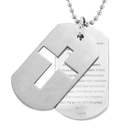Men's Stainless Steel Cross and 'Lord's Prayer' Double Dog Tag Pendant Necklace