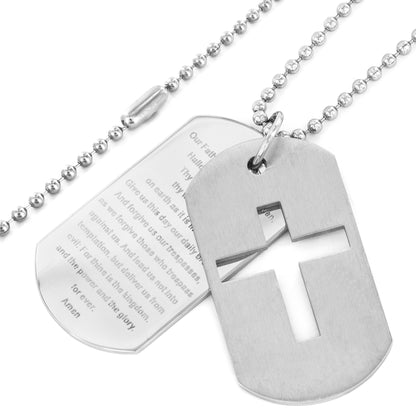Men's Stainless Steel Cross and 'Lord's Prayer' Double Dog Tag Pendant Necklace
