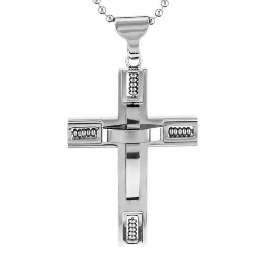 Men's Stainless Steel 3D Beaded Cross Pendant Necklace