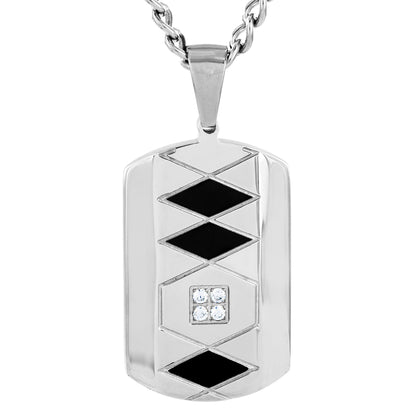 Men's Two-Tone Stainless Steel Grooved Cubic Zirconia Dog Tag Pendant Necklace - 24"