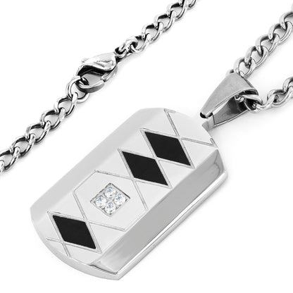 Men's Two-Tone Stainless Steel Grooved Cubic Zirconia Dog Tag Pendant Necklace - 24"