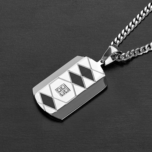 Men's Two-Tone Stainless Steel Grooved Cubic Zirconia Dog Tag Pendant Necklace - 24"
