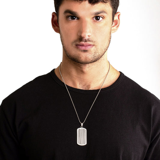 Men's Stainless Steel Cable Inlay Dog Tag Pendant Necklace - 24"