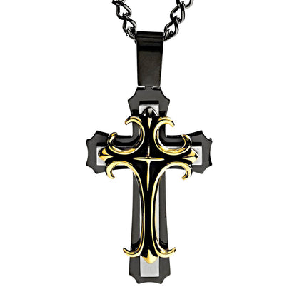 Men's Black Plated Two-Tone Stainless Steel Multi-Layered Cross Pendant Necklace