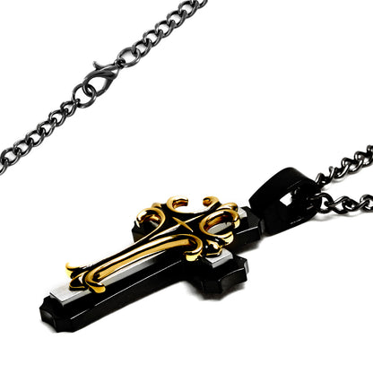Men's Black Plated Two-Tone Stainless Steel Multi-Layered Cross Pendant Necklace