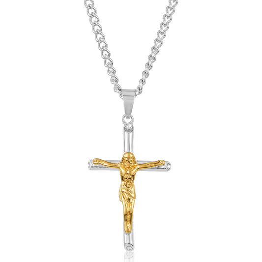 Men's Two-Tone Stainless Steel Crucifix Cross Pendant Necklace