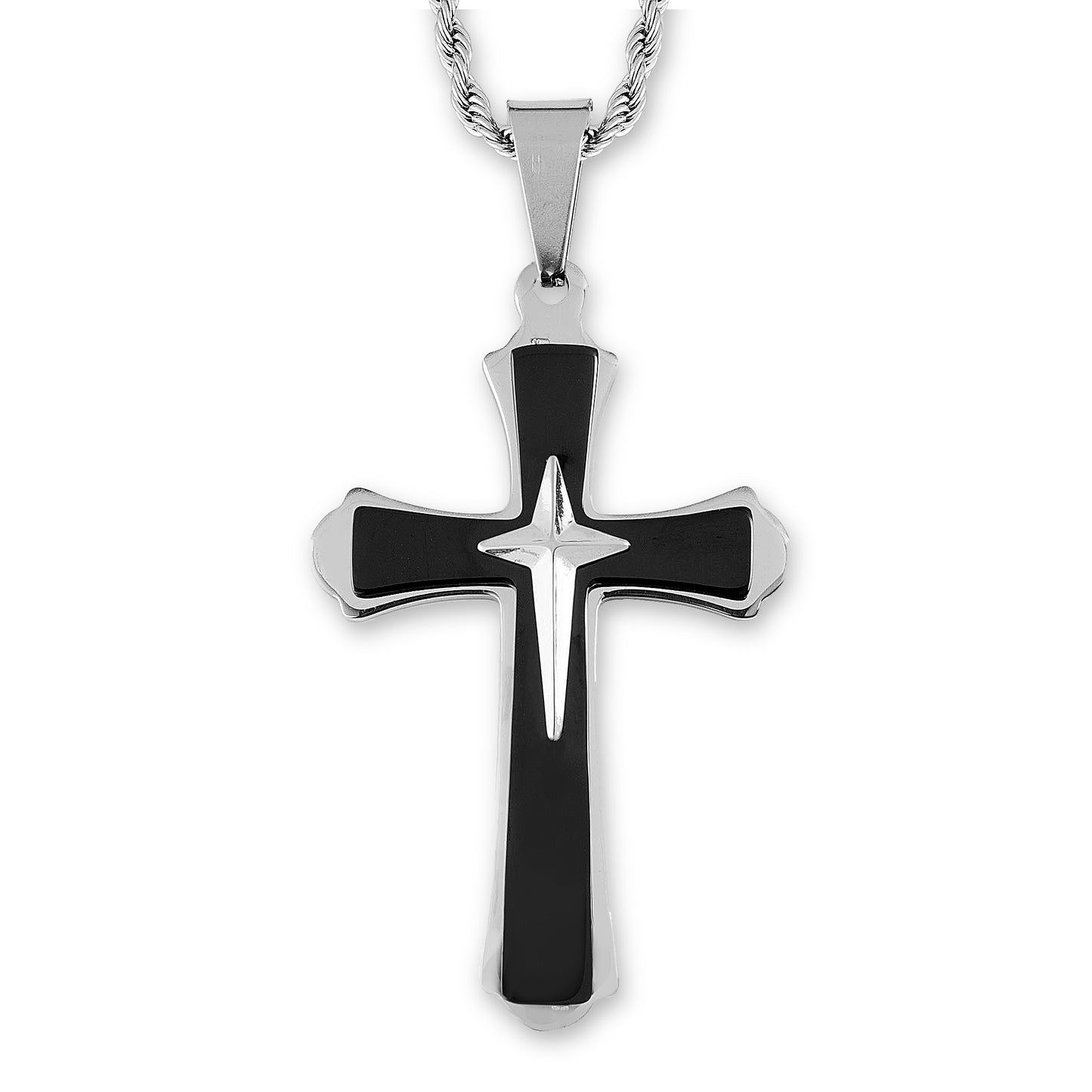 Men's Two-Tone Stainless Steel Flared Triple Layer Cross Pendant Necklace