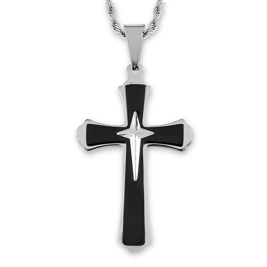Men's Two-Tone Stainless Steel Flared Triple Layer Cross Pendant Necklace