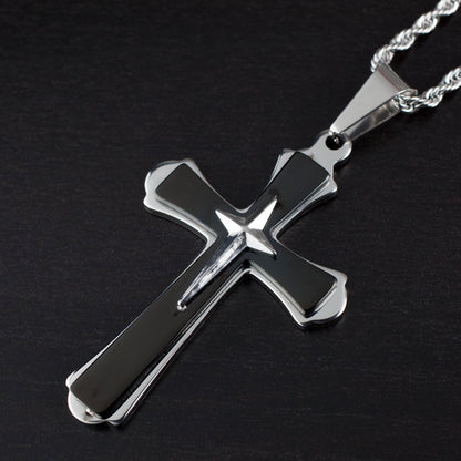 Men's Two-Tone Stainless Steel Flared Triple Layer Cross Pendant Necklace