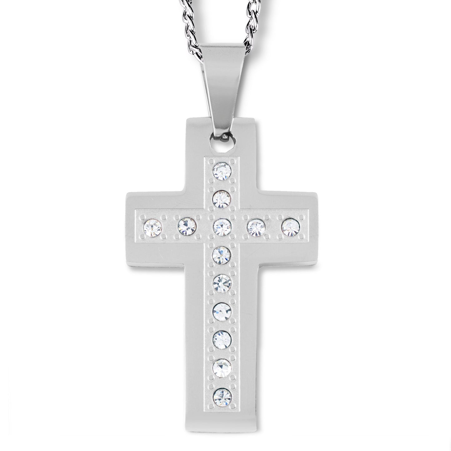 Men's Stainless Steel Polished Cubic Zirconia Cross Pendant Necklace - 24"