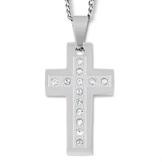 Men's Stainless Steel Polished Cubic Zirconia Cross Pendant Necklace - 24"