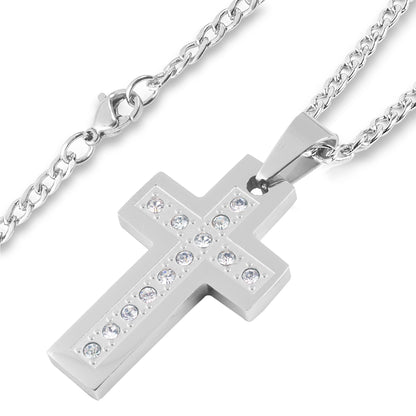Men's Stainless Steel Polished Cubic Zirconia Cross Pendant Necklace - 24"