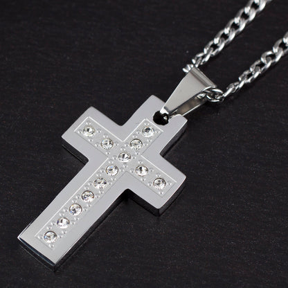 Men's Stainless Steel Polished Cubic Zirconia Cross Pendant Necklace - 24"