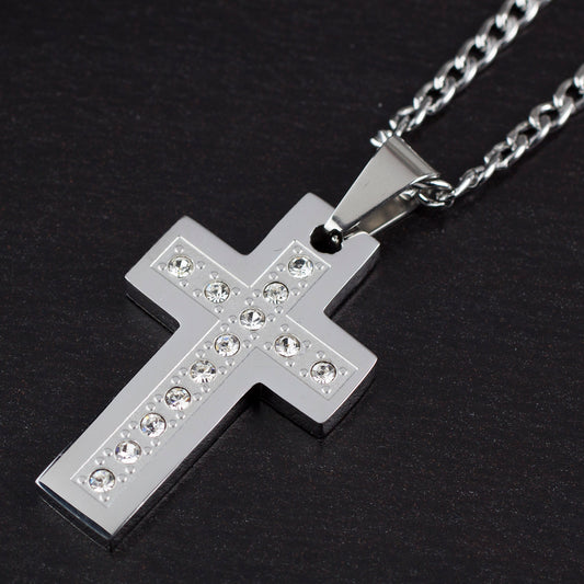 Men's Stainless Steel Polished Cubic Zirconia Cross Pendant Necklace - 24"