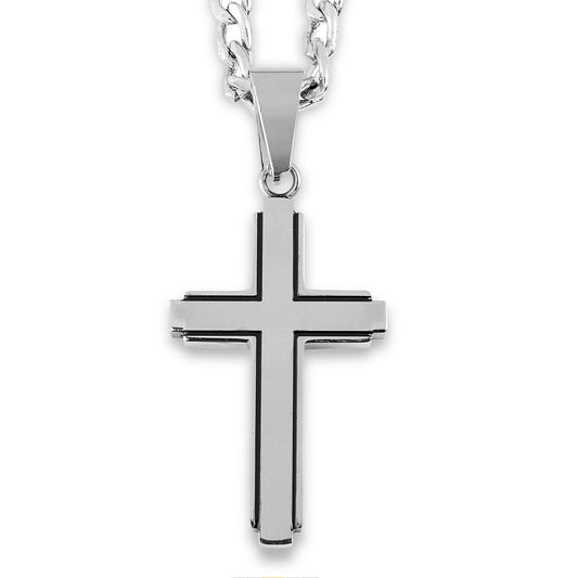 Men's Stainless Steel Polished Black Inlay Cross Pendant Necklace