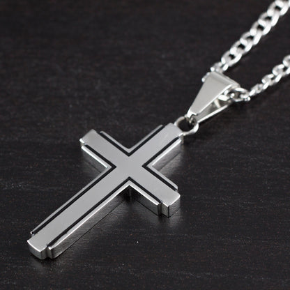 Men's Stainless Steel Polished Black Inlay Cross Pendant Necklace