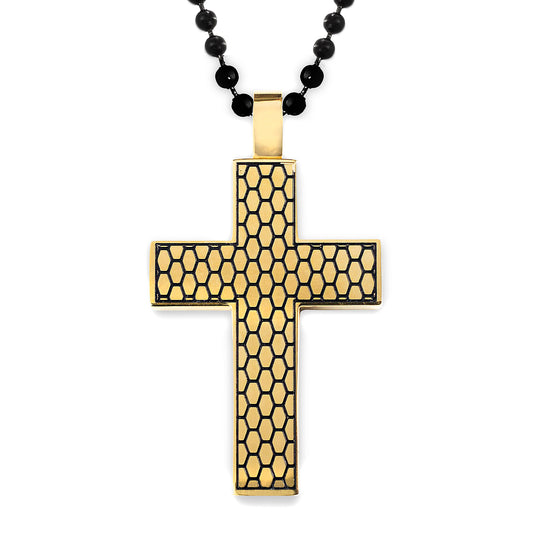 Men's Gold Plated Two-Tone Stainless Steel Honeycomb Texture Cross Pendant Necklace - 24"
