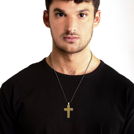 Men's Gold Plated Two-Tone Stainless Steel Honeycomb Texture Cross Pendant Necklace - 24"