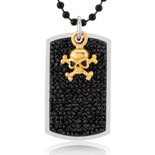 Men's Stainless Steel Black Crystal Skull Charm Dog Tag Pendant Necklace - 24"